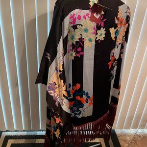 Fringe Trim Floral Stretch Silk Poncho